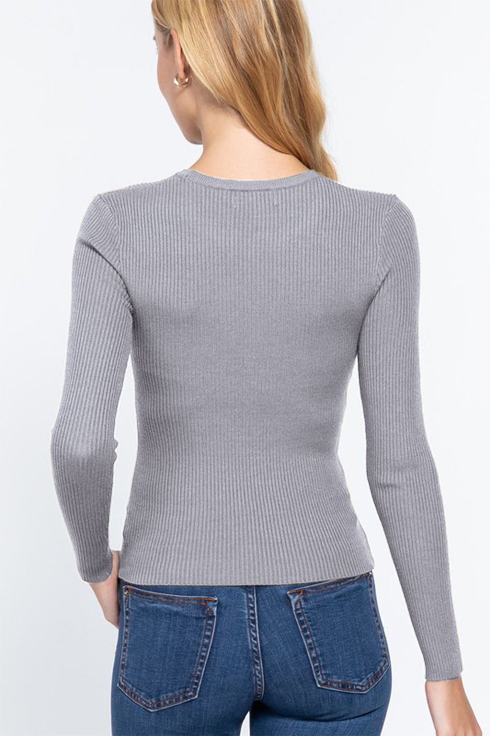 BASIC Full Size Ribbed Round Neck Long Sleeve Knit Top