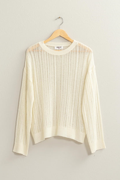 Openwork Ribbed Trim Long Sleeve Knit Top