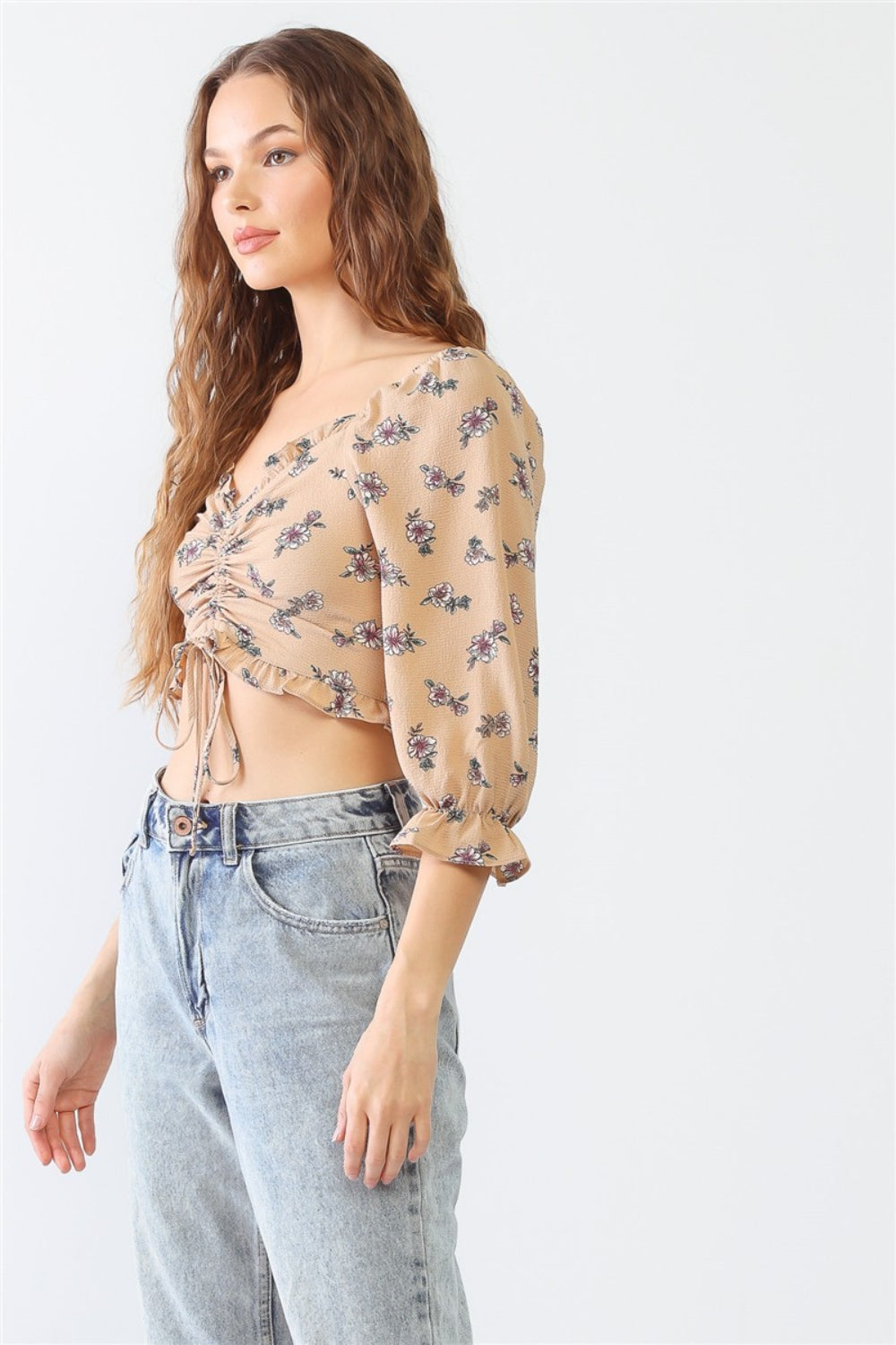 Floral Ruffle Smocked Back Ruched Crop Top