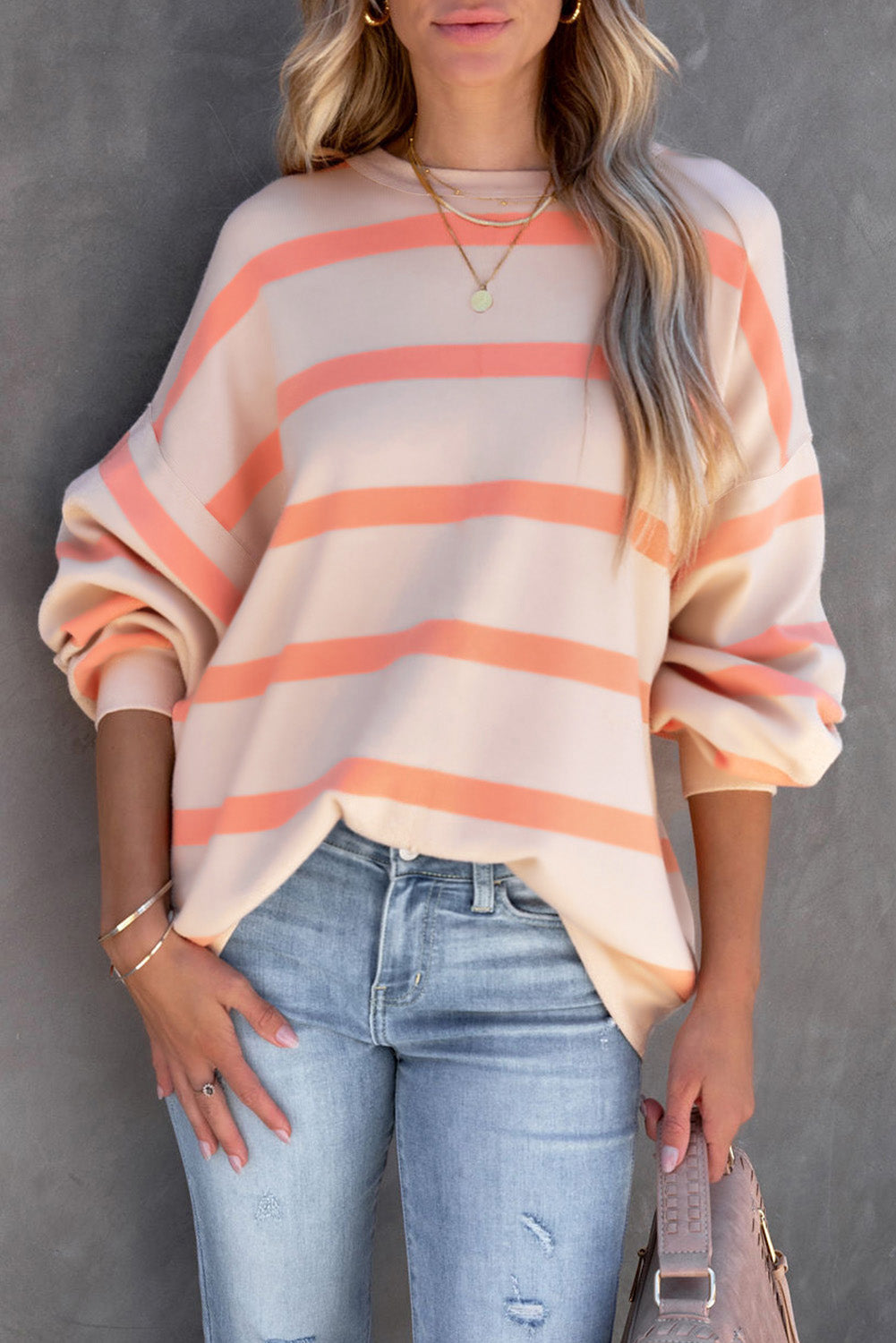 Striped Round Neck Dropped Shoulder Sweatshirt