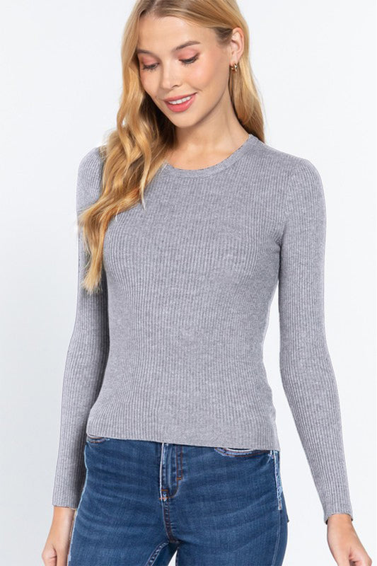 BASIC Full Size Ribbed Round Neck Long Sleeve Knit Top