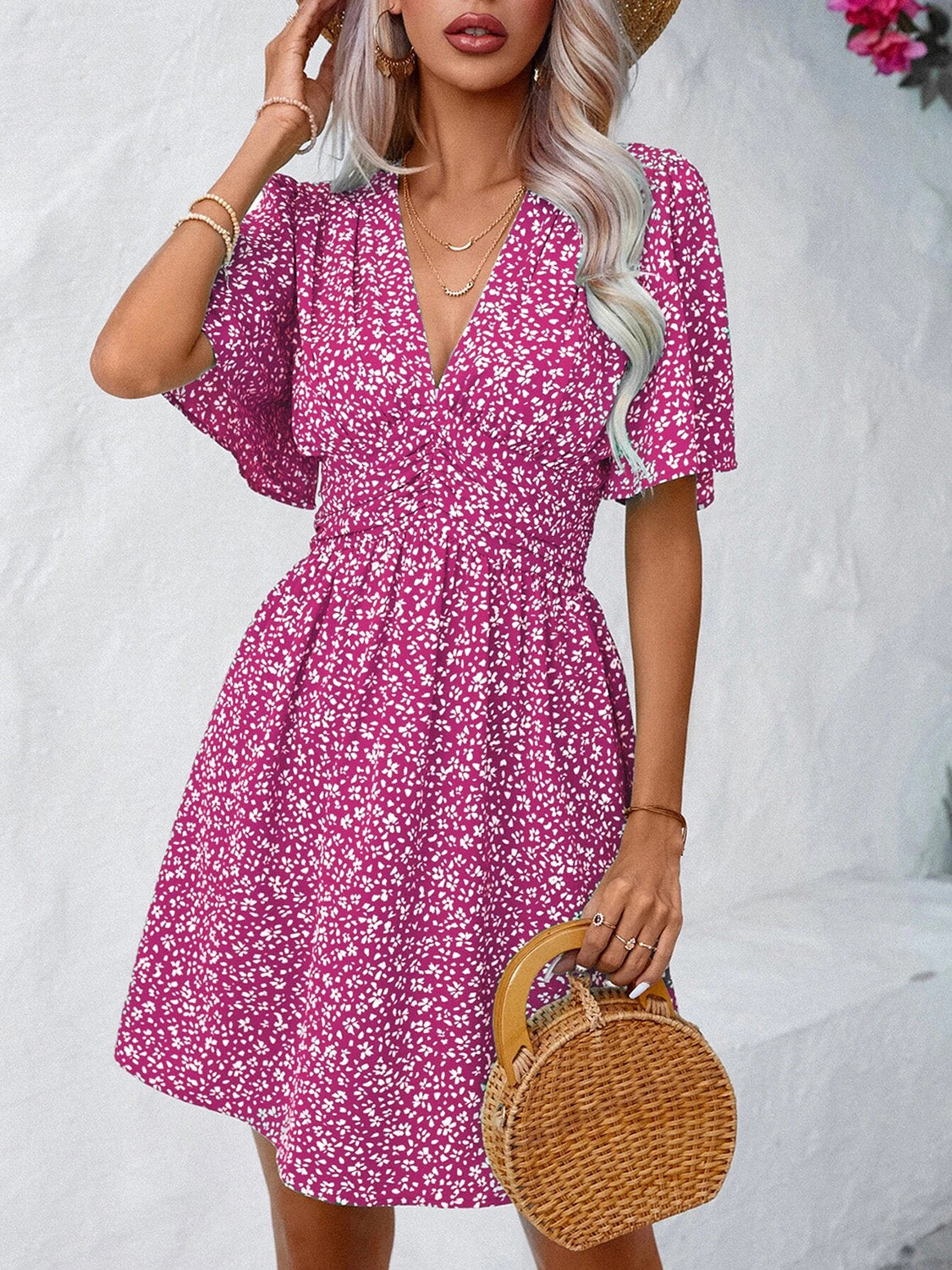 Printed V-Neck Half Sleeve Mini Dress