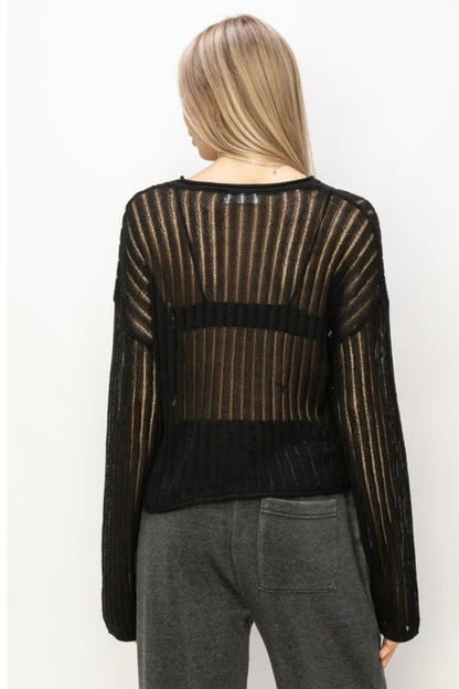 Openwork Ribbed Long Sleeve Knit Top