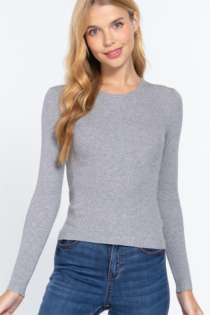 BASIC Full Size Ribbed Round Neck Long Sleeve Knit Top