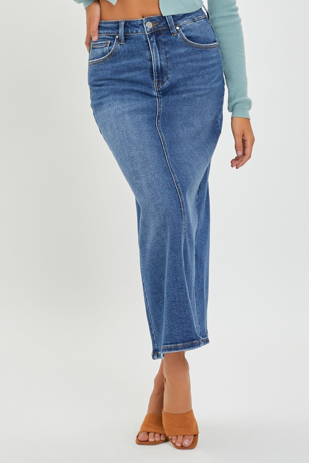 High Rise Back Slit Denim Skirt