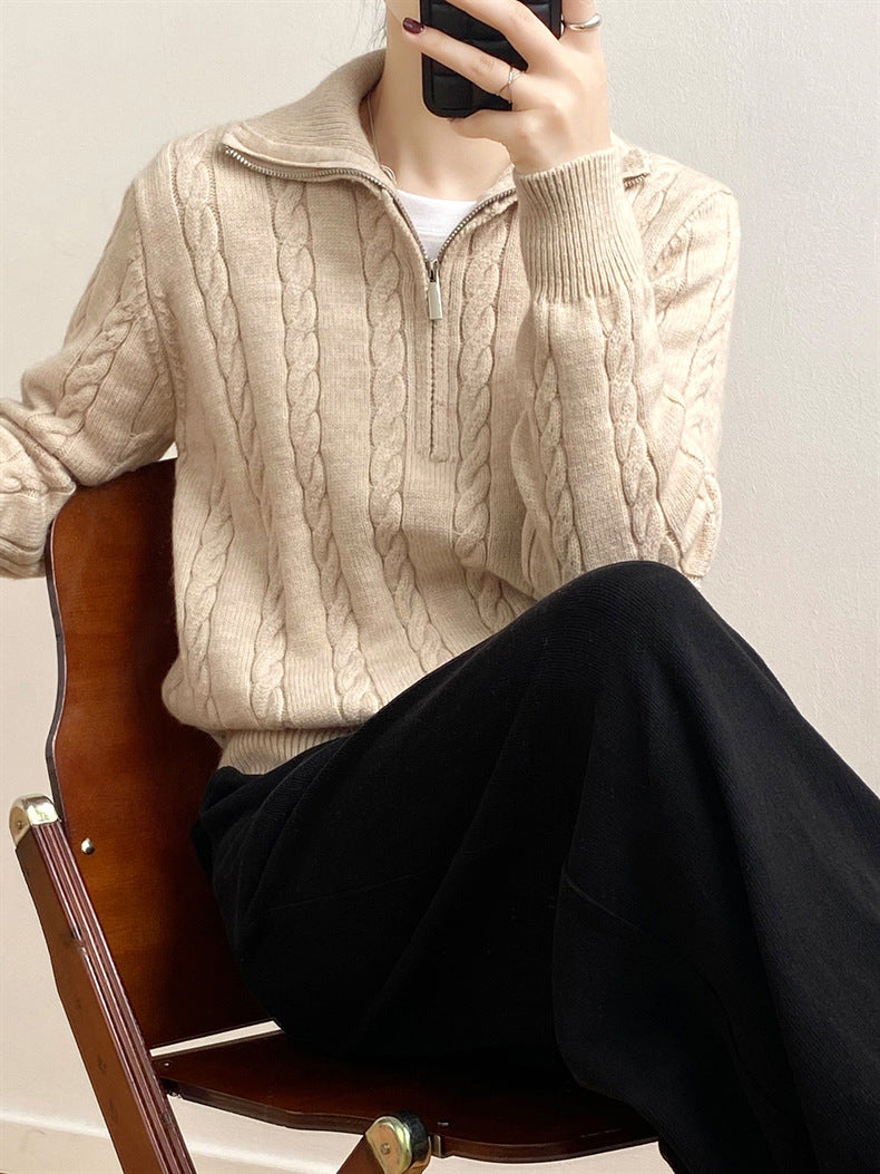 Cable-Knit Half Zip Long Sleeve Sweater