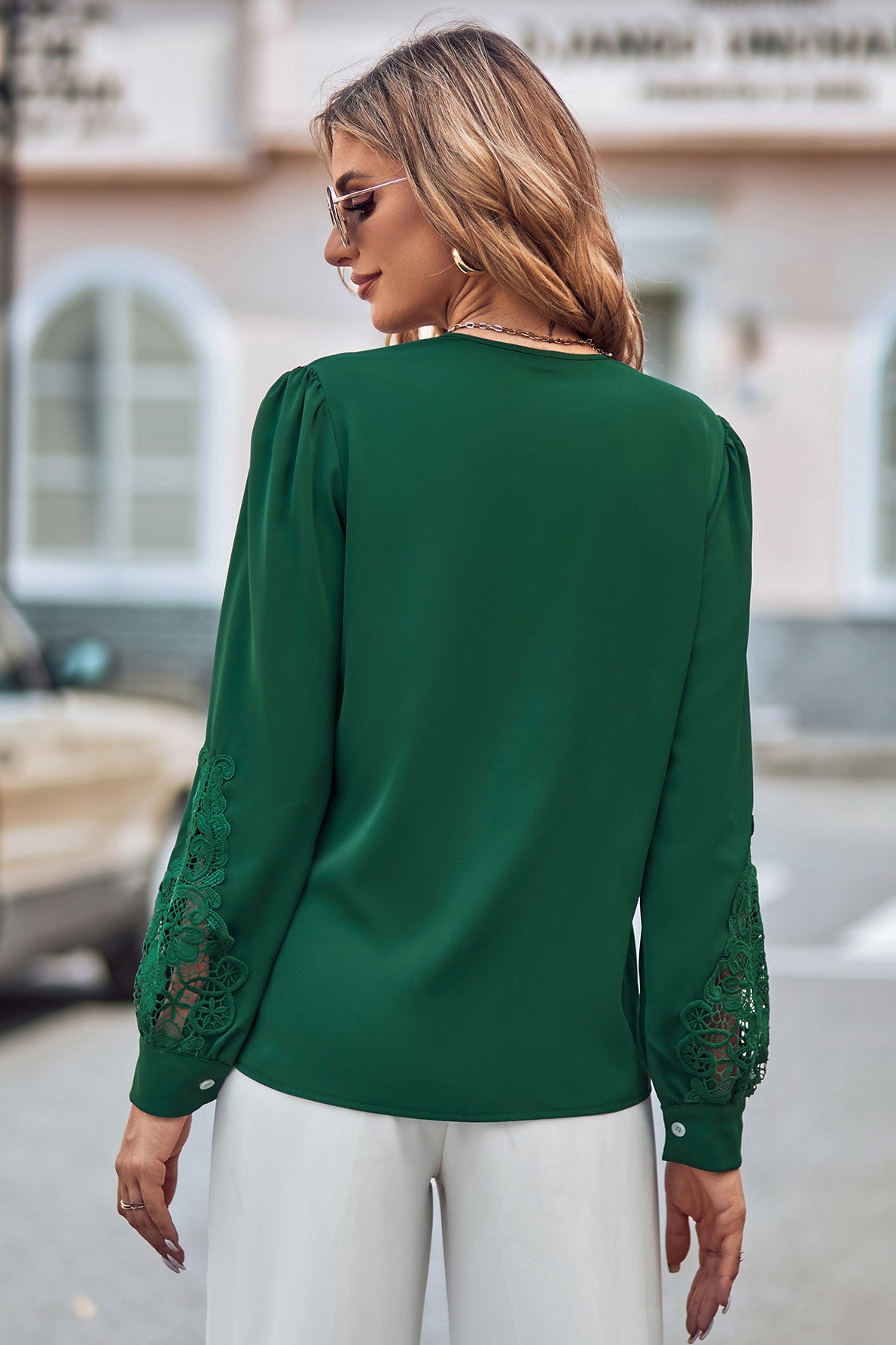 Spliced Lace V-Neck Puff Sleeve Shirt