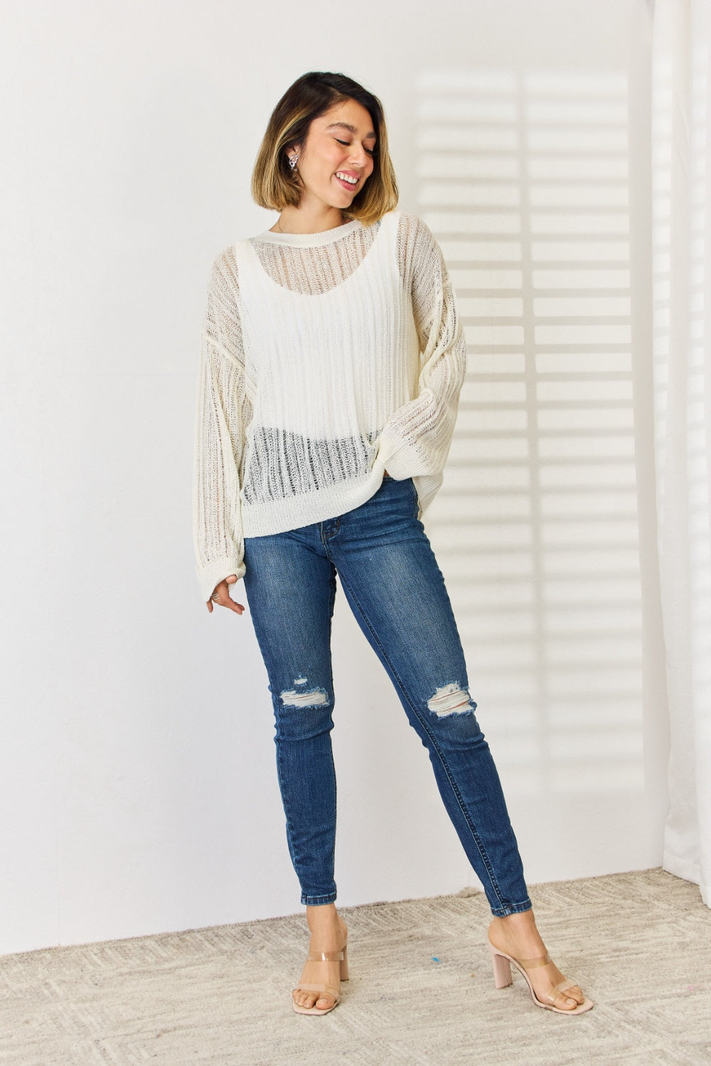 Openwork Ribbed Trim Long Sleeve Knit Top