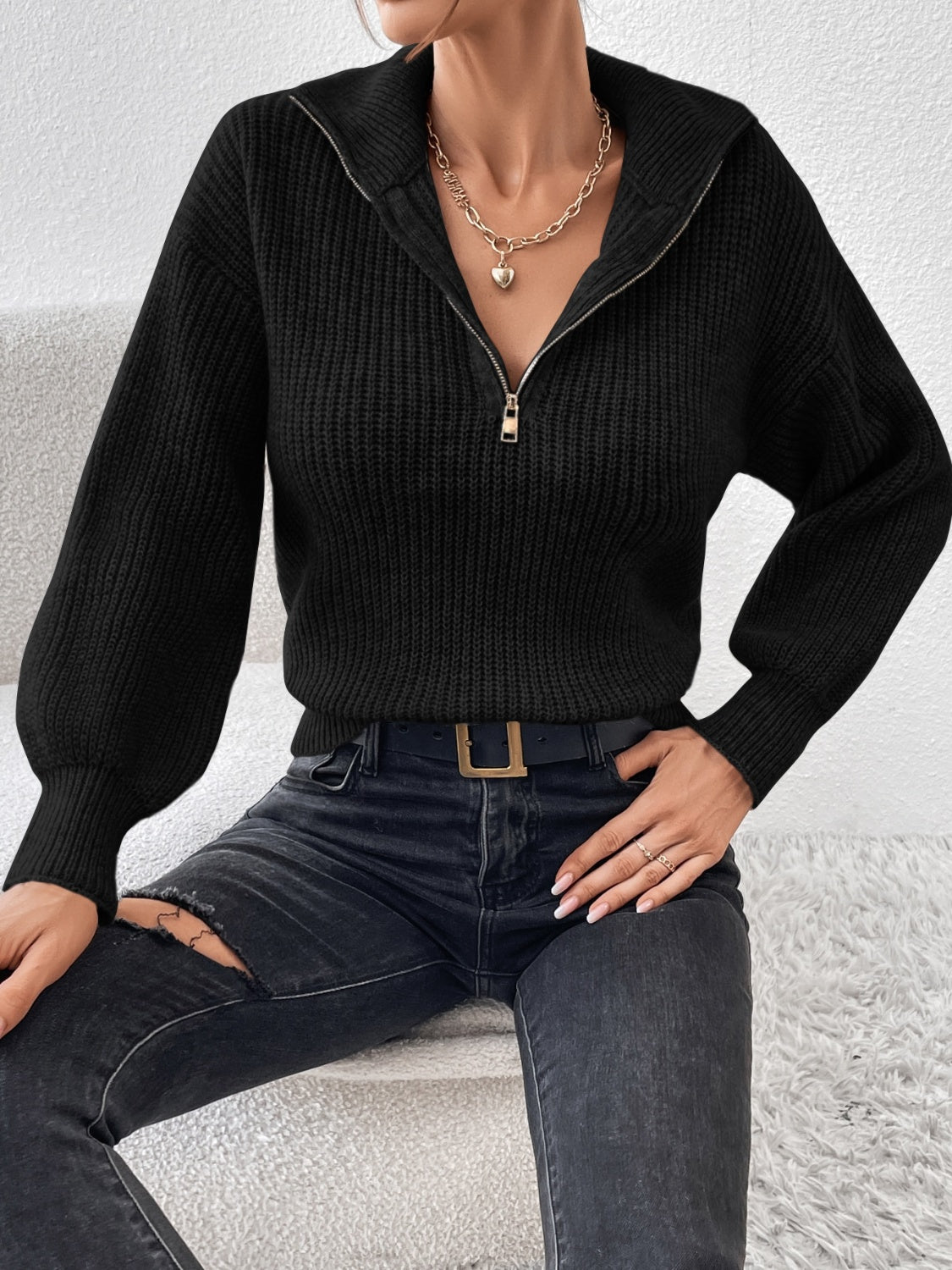 Half Zip Dropped Shoulder Sweater