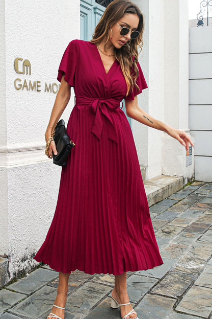 Flutter Sleeve Belted Surplice Midi Dress