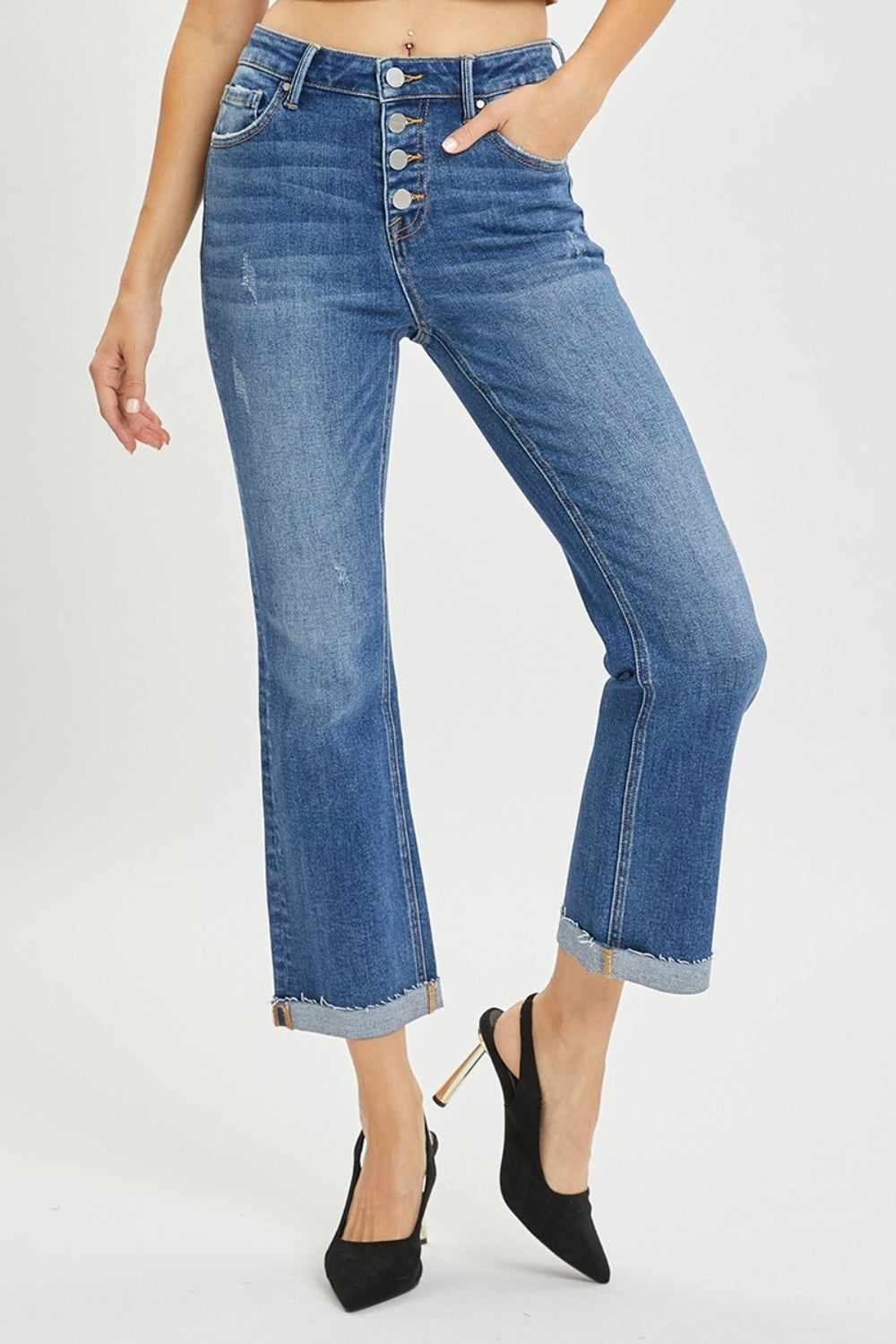 Button Fly Cropped Bootcut Jeans