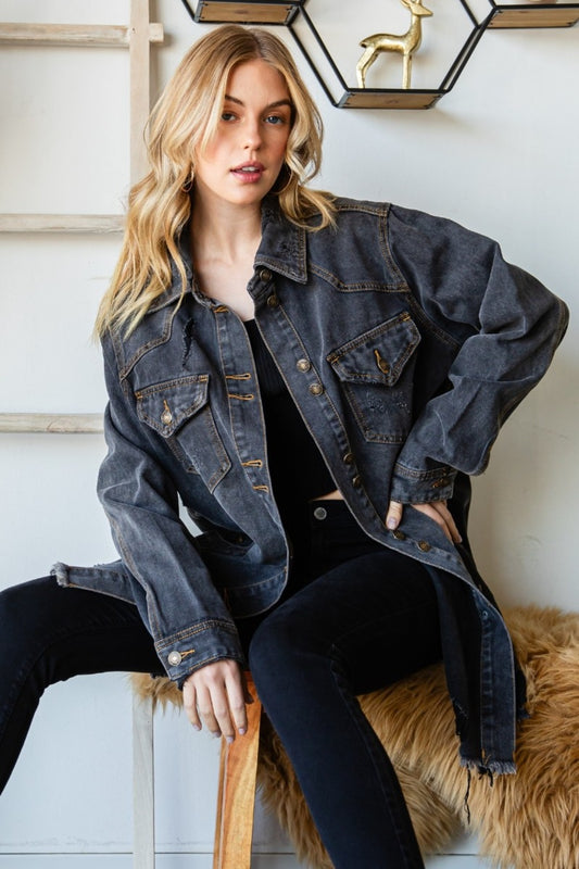 Button Up Distressed Frayed Hem Denim Jacket