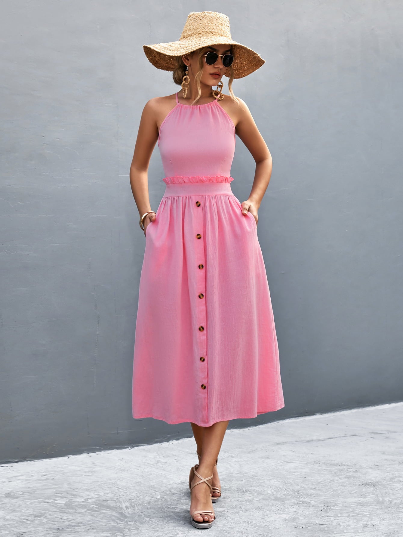 Buttoned Halter Neck Frill Trim Midi Dress