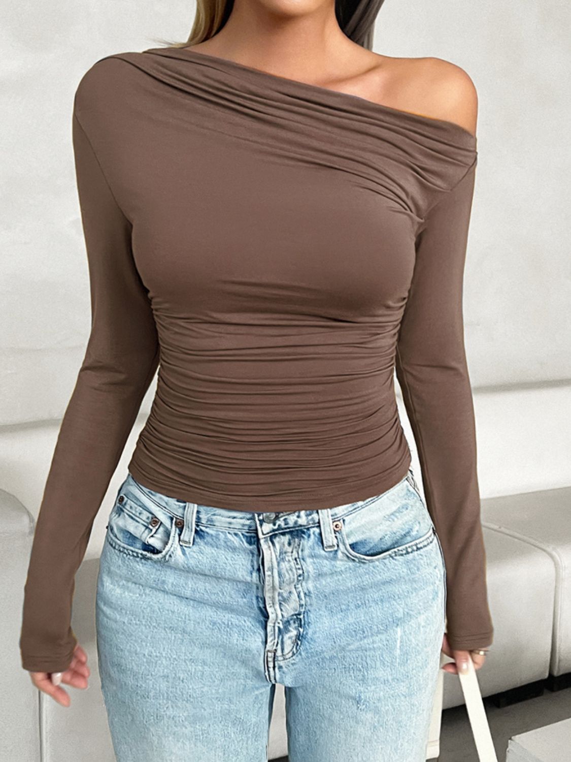 Ruched One Shoulder Long Sleeve T-Shirt