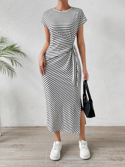 Tied Striped Round Neck Short Sleeve Tee Dress